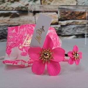 LILLY PULITZER GOLD CUFF FLOWERY-DUET CRYSTAL-STUD BRACELET 'FÚSCHIA~FRÉÉZA'